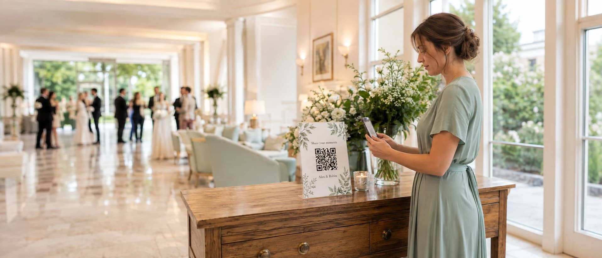 A guest quietly scanning a botanical QR card at an event welcome table