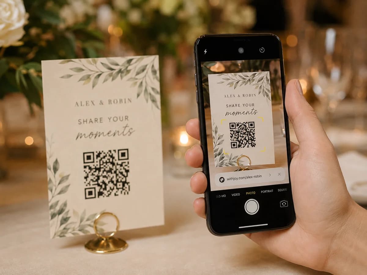 A guest holding a phone with its camera focused on a printed QR card on a reception table